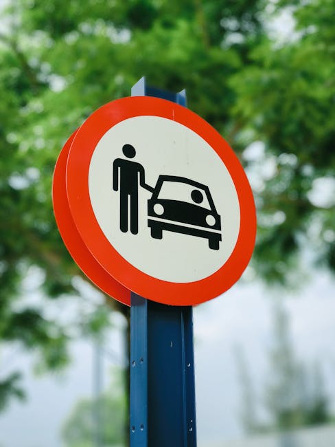 A circular traffic sign with a white background and a red border, mounted on a dark blue pole, displaying a black pictogram of a person standing next to a car, indicating a no-parking or parking restr