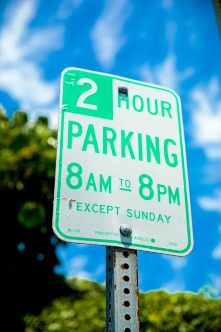 A circular traffic sign with a white background and a red border, mounted on a dark blue pole, displaying a black pictogram of a person standing next to a car, indicating a no-parking or parking restr