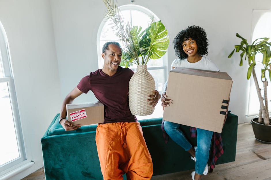 A man and woman indoors, preparing for a home relocation, both holding moving boxes; the man, wearing an orange pair of trousers and a maroon t-shirt, is smiling and holding a small cardboard box with a 'Fragile' label in his left hand, while the woman, in a white top and blue jeans, is seated on a green sofa and holds a larger cardboard box. They are positioned near a large window with natural light illuminating the room, which features potted plants, including a large leafy one in a white textured vase, and wooden flooring. Their relaxed expressions suggest a collaborative packing or unpacking process, as part of a furniture transport or packing and moving operation. The scene reflects a casual, organized approach to house removals, with visible cardboard boxes, interior decor, and natural environment, consistent with professional removals services such as those offered by Man With a Van Haringey specializing in local house and flat removals within the N22 area.